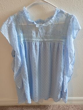 Light Blue Swiss Dot Ruffle Neck Women's Top